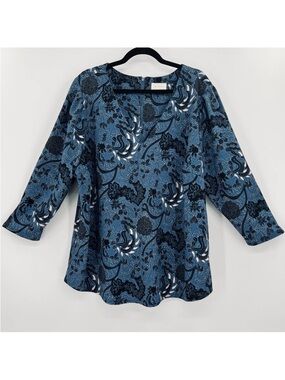Melloday Blue Floral Knit V-Neck Blouse Top 3X